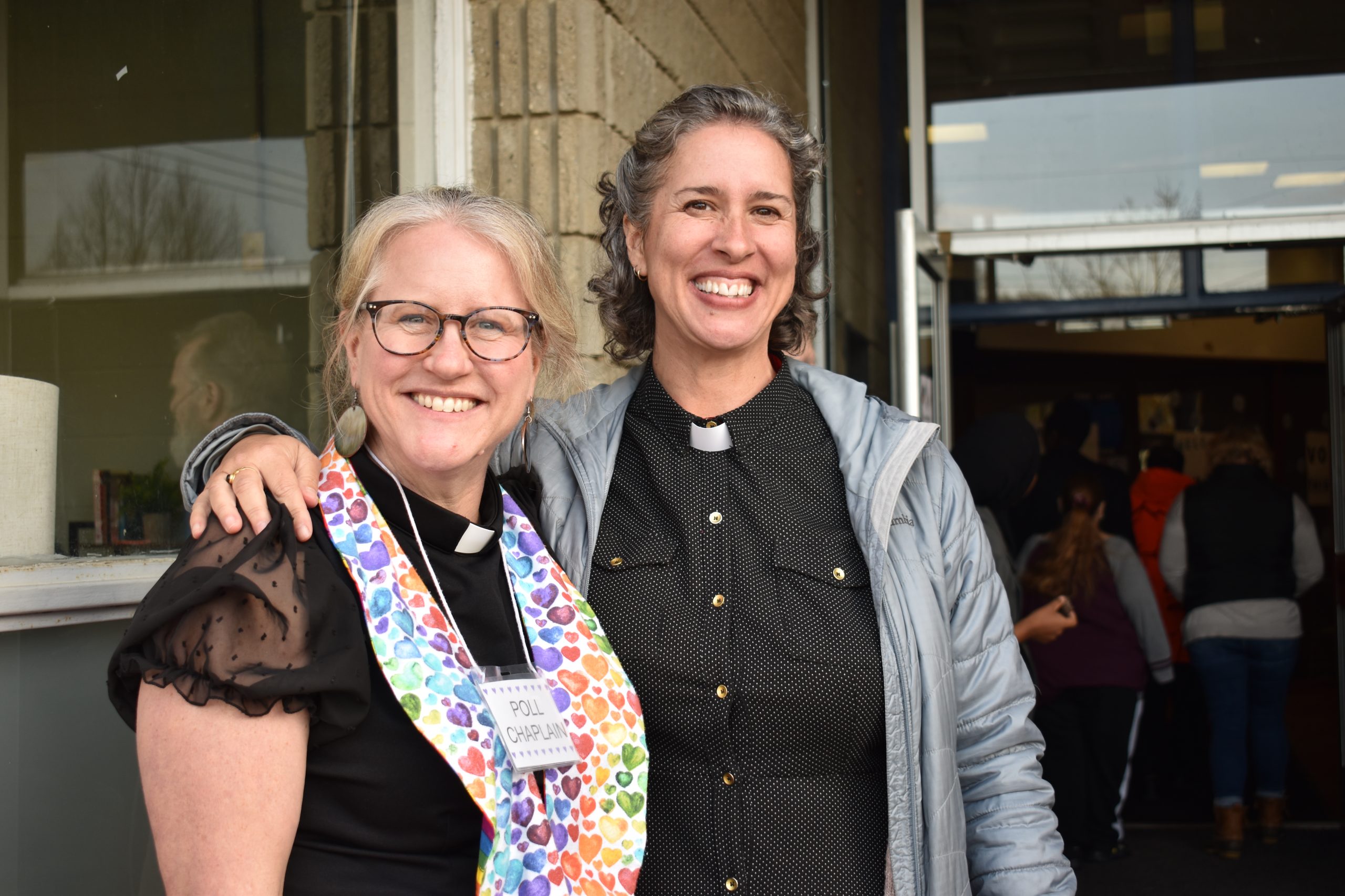 Minister Sara Bartlett (left) and Rev. Dr. Jodi Cohen Hayashida (right) pose for a photo on Election Day